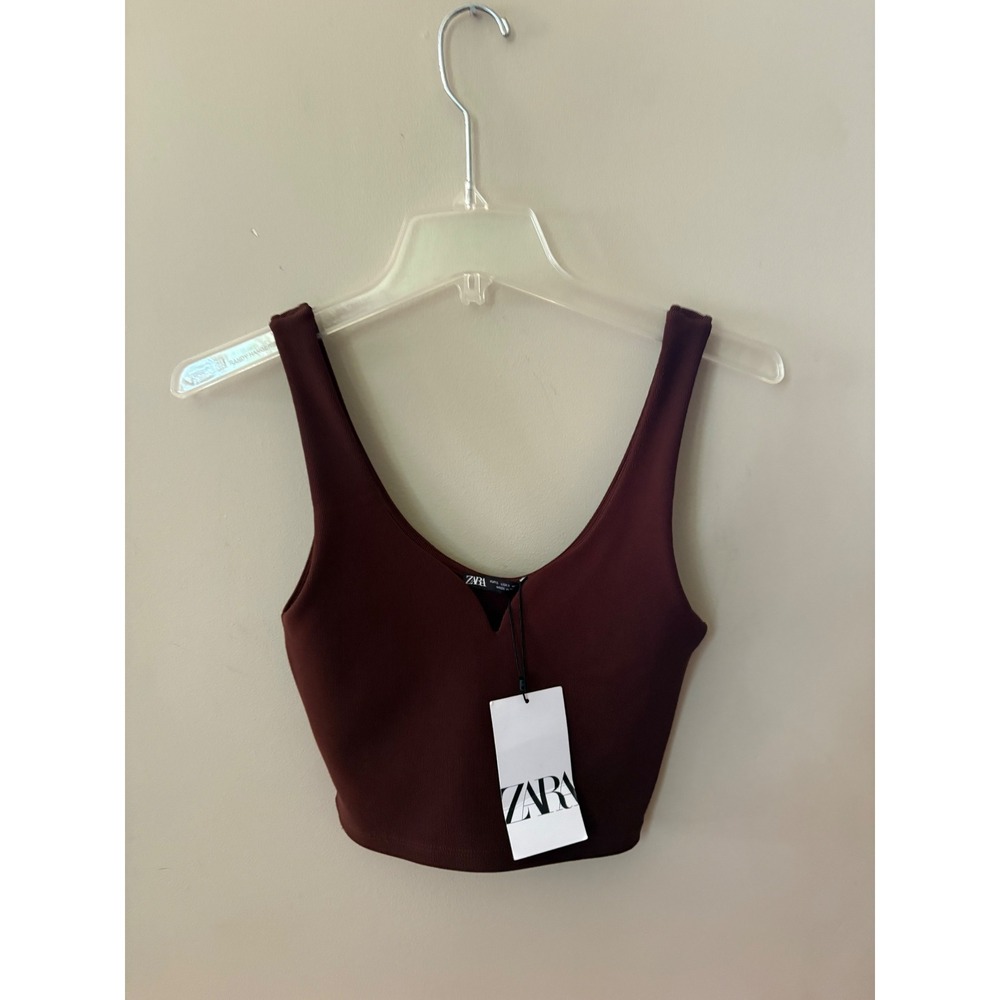 Zara Ribbed V-Neck Crop Top‎ Brown Sleeveless Tank 5039/821/700 Womens Small NWT